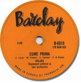 Rare 1958 Dalida French 78 Rpm Record.  Come Prima