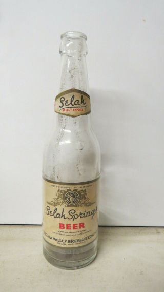 Irtp Selah Springs Beer 11 Oz Glass Beer Bottle W/ Neck Label.  Selah,  Wa.