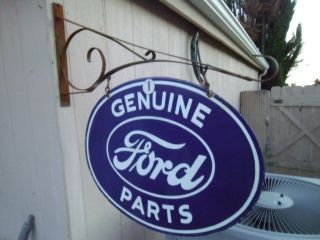 Ford Parts Dealer.  Large Double Sided Porcelain Sign Usa W/ Bracket