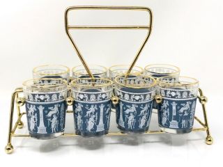 Vintage Shot Glasses Jeanette Shot Glasses,  Corinthian Blue With Caddy,  Set Of 8
