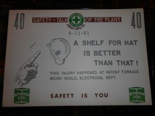 1961 Johnstown Pa Cardboard Bethlehem Steel Safety Poster