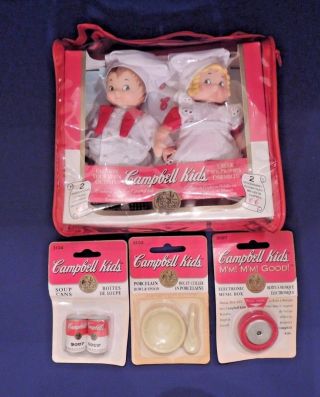 1995 Campbell Soup Kids Collector Dolls 5 " & Music Box,  Cans & Soup Bowl,  Spoons