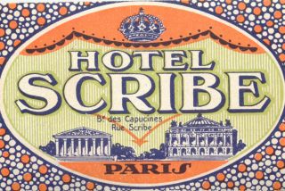 Hotel Scribe Paris France & Unique Art Nouveau Luggage Label