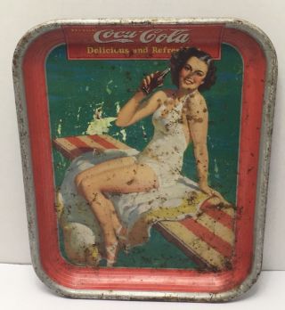 Old Vintage Coca Cola Springboard Tray Sign,  Woman On Diving Board 1939