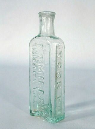 Pontiled York Pa E.  T.  Miller Druggist Great Example Open Pontil Medicine Bottle