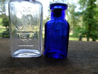 Colbalt Blue & Clear Owl Poison Medicine Bottles 2 3/8 & 3 1/8in Perfect