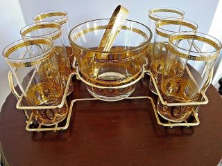 Culver Antigua Bar Set 22k Gold Trim Glasses Ice Bucket Metal Rack Tongs 1960 