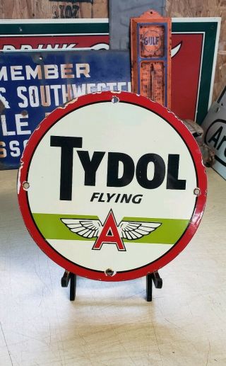 Tydol Flying A Gasoline Porcelain 10 " Sign Gas Pump Plate Vintage Gasoline