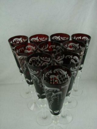 Lovely Set - 10 Bohemian Glass Ruby Red Wine Glasses / Flutes With Etched Design