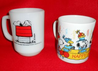 2 Vintage Peanuts Snoopy Mug Cups Fire King Happy Birthday Woodstock Lucy