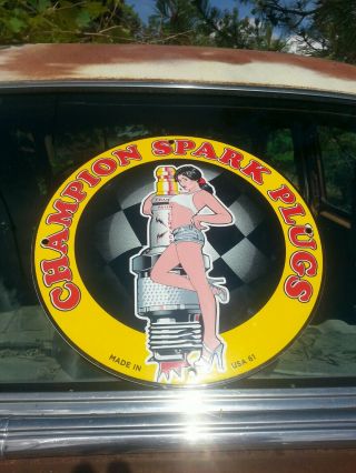 1961 Champion Spark Plug Porcelain Sign Gas Station Oil Battery Pin Up Girl Nos