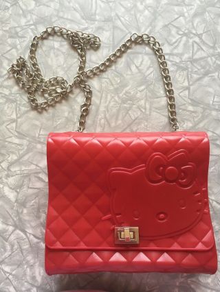 2013 Sanrio Hello Kitty Quilted Red Logo Handbag Silver Chain Crossbody Vinyl