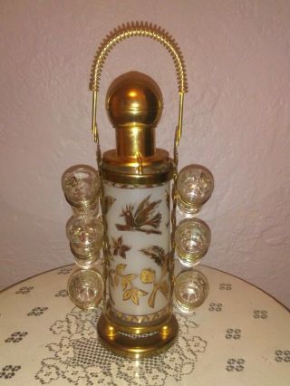 Vintage Mid Century Liquor Decanter Pump With 6 Shot Glasses Gold Inlay