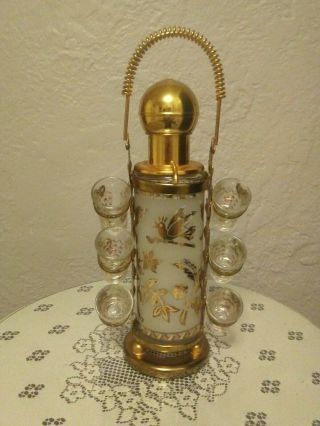 Vintage Mid Century Liquor Decanter Pump With 6 Shot Glasses Gold Inlay 2