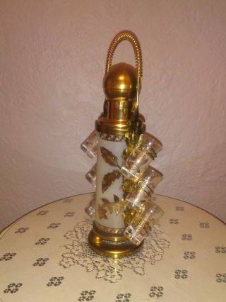 Vintage Mid Century Liquor Decanter Pump With 6 Shot Glasses Gold Inlay 4