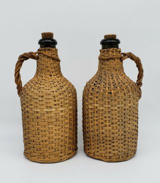 Antique Wicker Covered Demi John Bottles Small Size Matching