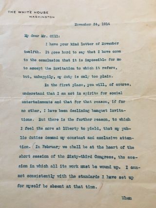 Woodrow Wilson Signed Letter As President
