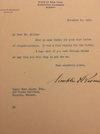 Franklin Roosevelt Signed Letter As Governor In 1930