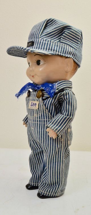 VTG Buddy Lee Hard Plastic Railroad Doll Union Made Striped Overalls Scarf Hat 12
