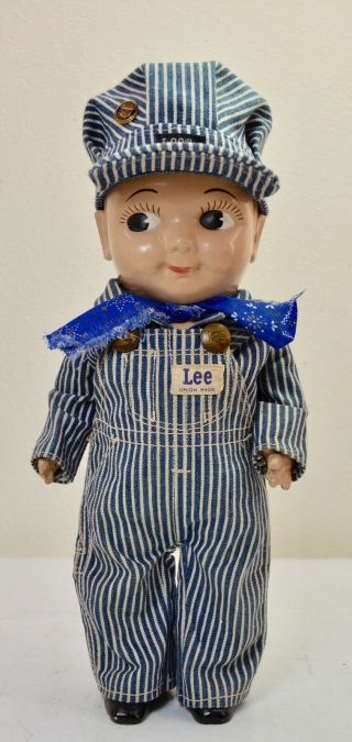 Vtg Buddy Lee Hard Plastic Railroad Doll Union Made Striped Overalls Scarf Hat