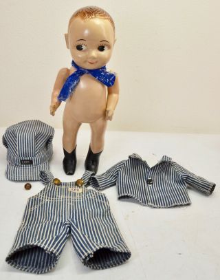 VTG Buddy Lee Hard Plastic Railroad Doll Union Made Striped Overalls Scarf Hat 2