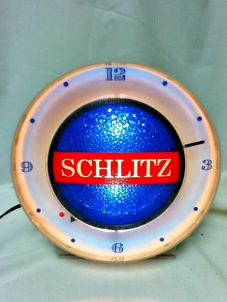 Schlitz Beer Sign 1961 Back Bar Lighted Motion Water Shimmer Clock Light Spins 1