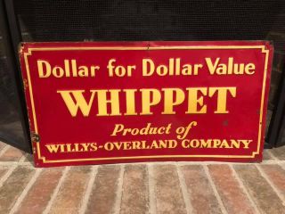 1920s - 1930s Whippet Willys Overland Single - Sided Embossed Tin Sign 22x12