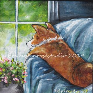 Welsh Pembroke Corgi Painting Dog Puppy On Couch Collectible Art Gift