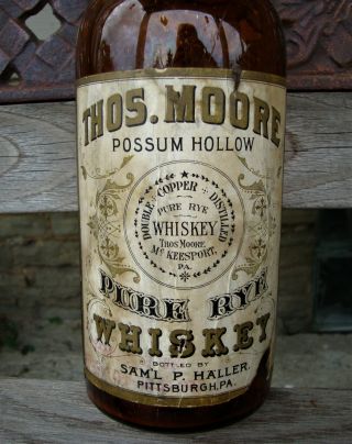 Rare Labeled Thos.  Moore Possum Hollow Pure Rye Whiskey Bottle Mc Keesport,  Pa.