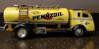 Pennzoil Truck Tanker Tin Vintage Look.  Retired Oil Gas Red Bell Pump Sign