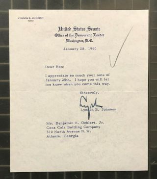 President Lyndon B.  Johnson Lbj Signed 1960 Us Senate Letter Psa/dna Loa Auto