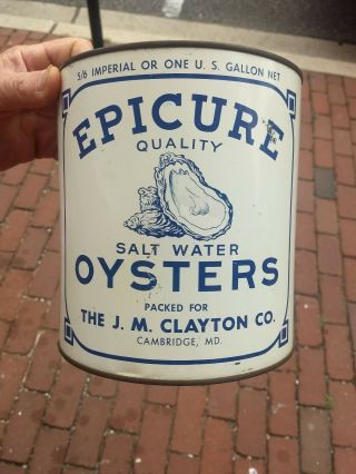 Epicure Brand Gallon Seafood Oyster Tin Can J M Clayton Co Cambridge Maryland
