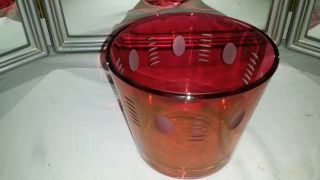 5 3/4 " Cranberry Colored Glass Ice Bucket With Etched Pattern