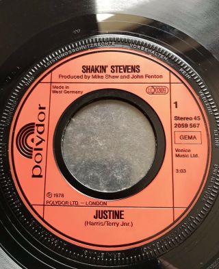 Shakin Stevens 7” Vinyl 45 PROMO “Justine” German Polydor WITH PROMO INFO SHEET 6