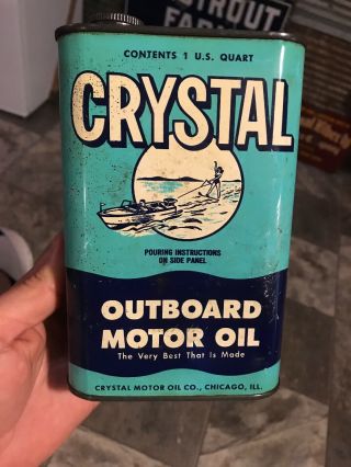 Vintage Crystal Chicago Outboard Motor Oil Can Great Graphics Rare Flat Quart