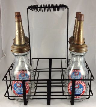 Magnolia Gas Glass Motor Oil Bottles With Metal Carrier Carrying Display Rack