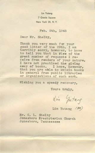 Rare Signed Lin Yutang Letter 1945