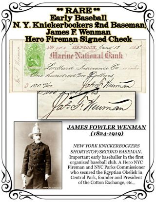 Rare Early Baseball N.  Y.  Knickerbockers James F.  Wenman Hero Fireman Sign.  Doc