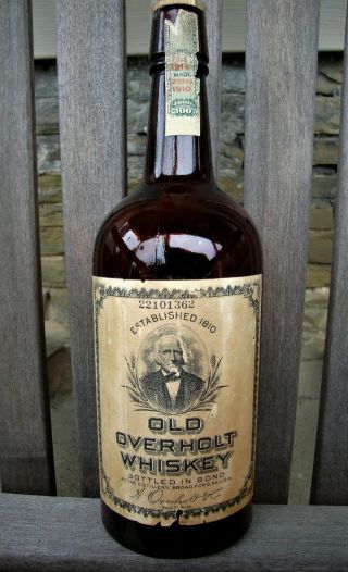 Fully Labeled Old Overholt Whiskey Bottle Amber Quart Cylinder Broadford,  Pa.
