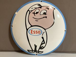 12 In Esso Boy Gasoline Porcelain Enamel Sign Gas Oil Pump Plate