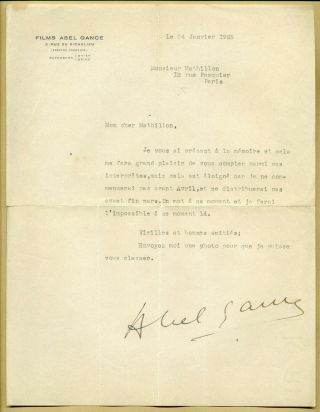 Abel Gance (1889 - 1981) - Famous French Director - Interesting Signed Letter 1925