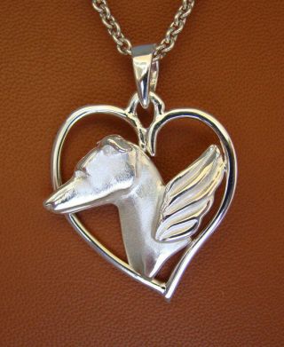 Large Sterling Silver Greyhound Angel On A Heart Frame Pendant