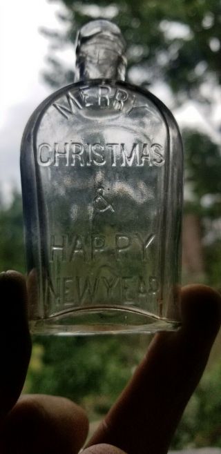 Rare Sample Size Merry Christmas&Happy Year Pre Prohibition Whiskey Flask 2