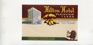 Vintage Hotel Name Address Label Hilton Hotel Plainview Tx