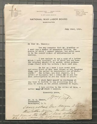 President William H.  Taft Signed 1918 Letter Re: Blackmail Psa/dna Loa Autograph