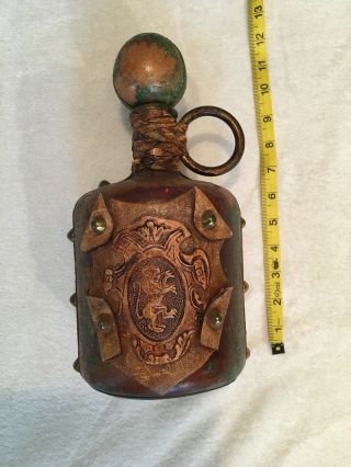 Vintage Leather Covered Glass Decanter Bottle Lion Crest Stopper 11 " Italy