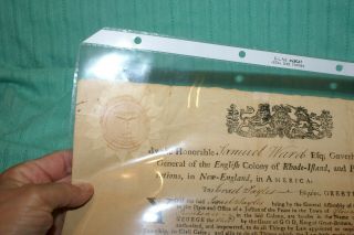DOCUMENT SIGNED 06/18/1762 BY SAMUEL WARD GOV.  CAPTAIN GENERAL COLONY SEAL 2