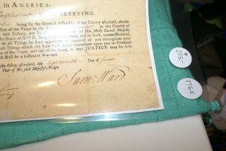 DOCUMENT SIGNED 06/18/1762 BY SAMUEL WARD GOV.  CAPTAIN GENERAL COLONY SEAL 3