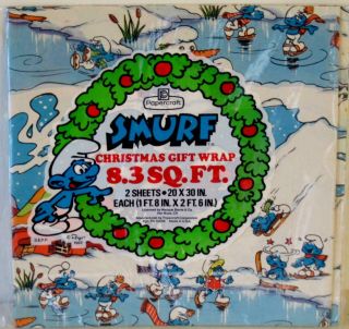 5 Packages 1982 Smurf Christmas Wrappng Paper Ice Scating Smurfs
