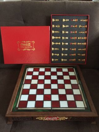 1996 Franklin Coca Cola Coke Stained Glass Chess Set 24k Gold Plated